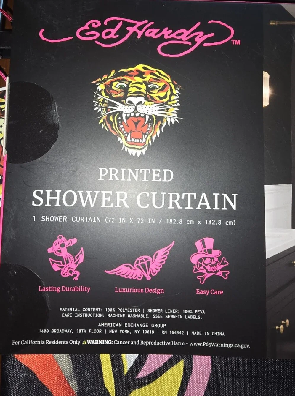 Ed Hardy Black Shower Curtain with Pink, Red and Green Tiger 🐯 Graphic, NWT!